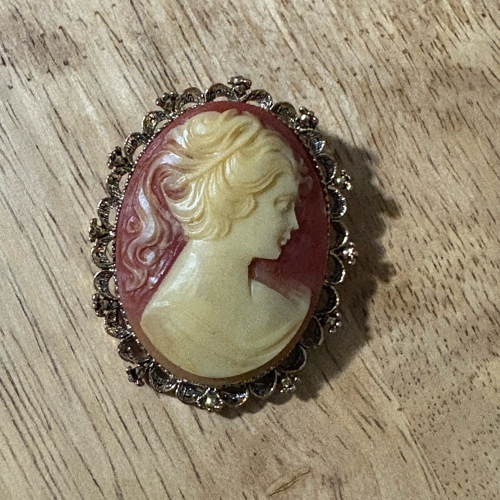 Vintage Gerry's Cameo Brooch Pin Pendant Pony Tail Lady